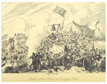 A drawing of a battle, cannons and soldiers can be seen in the foregorund and a union jack flag flies above the mass of soldiers.