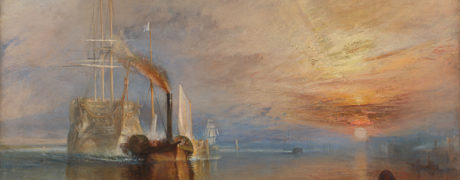 A portrait of a tall-ship being tugged into a harbour by a small steam ship at sunset.